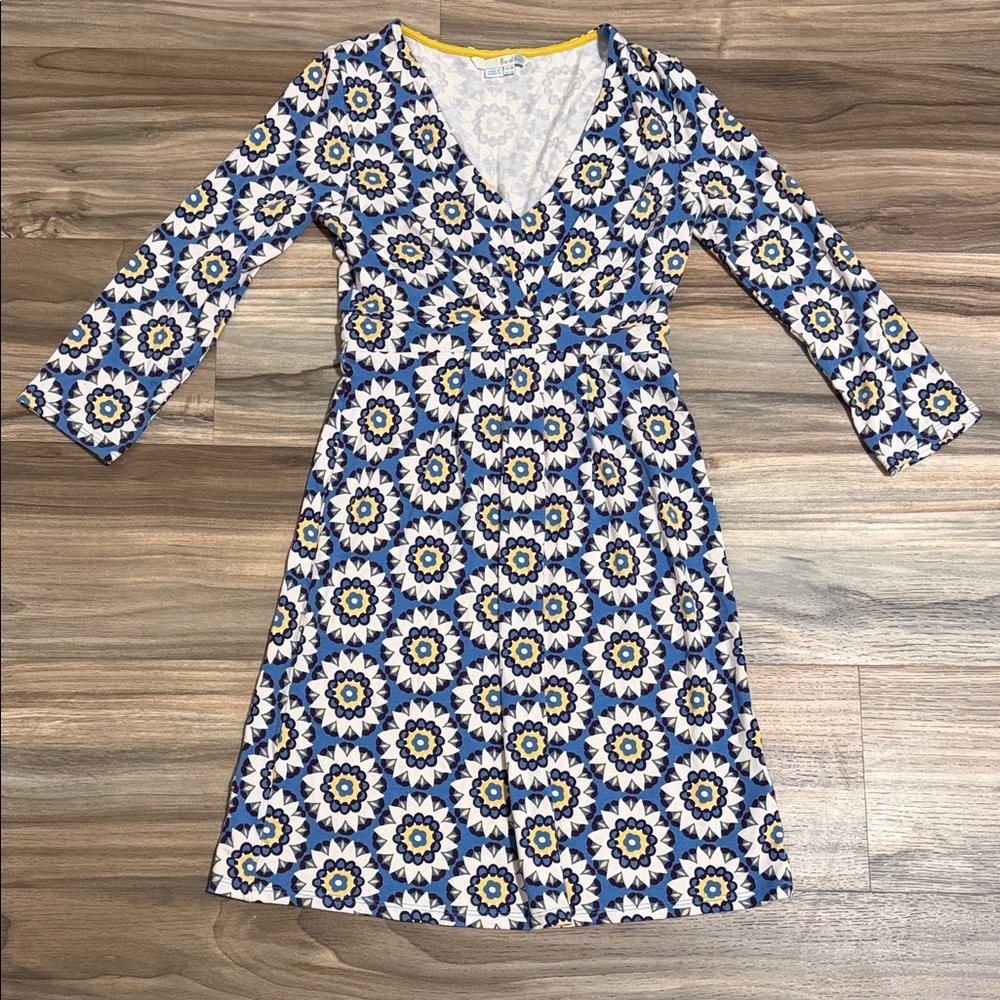 Boden Womens Anna Jersey Midi Dress Blue Floral Mandala Sz. 2 V-neck 3/4 Sleeve